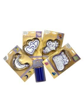 Vintage Hirschberg Shultz Cookie Baker’s Set 4 Cutter Stamp Moon Heart Baby NOS